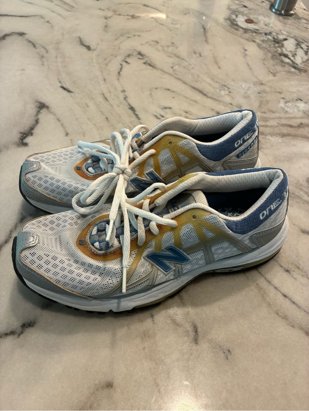 New Balance White Running Sneakers with Blue & Yellow Accents